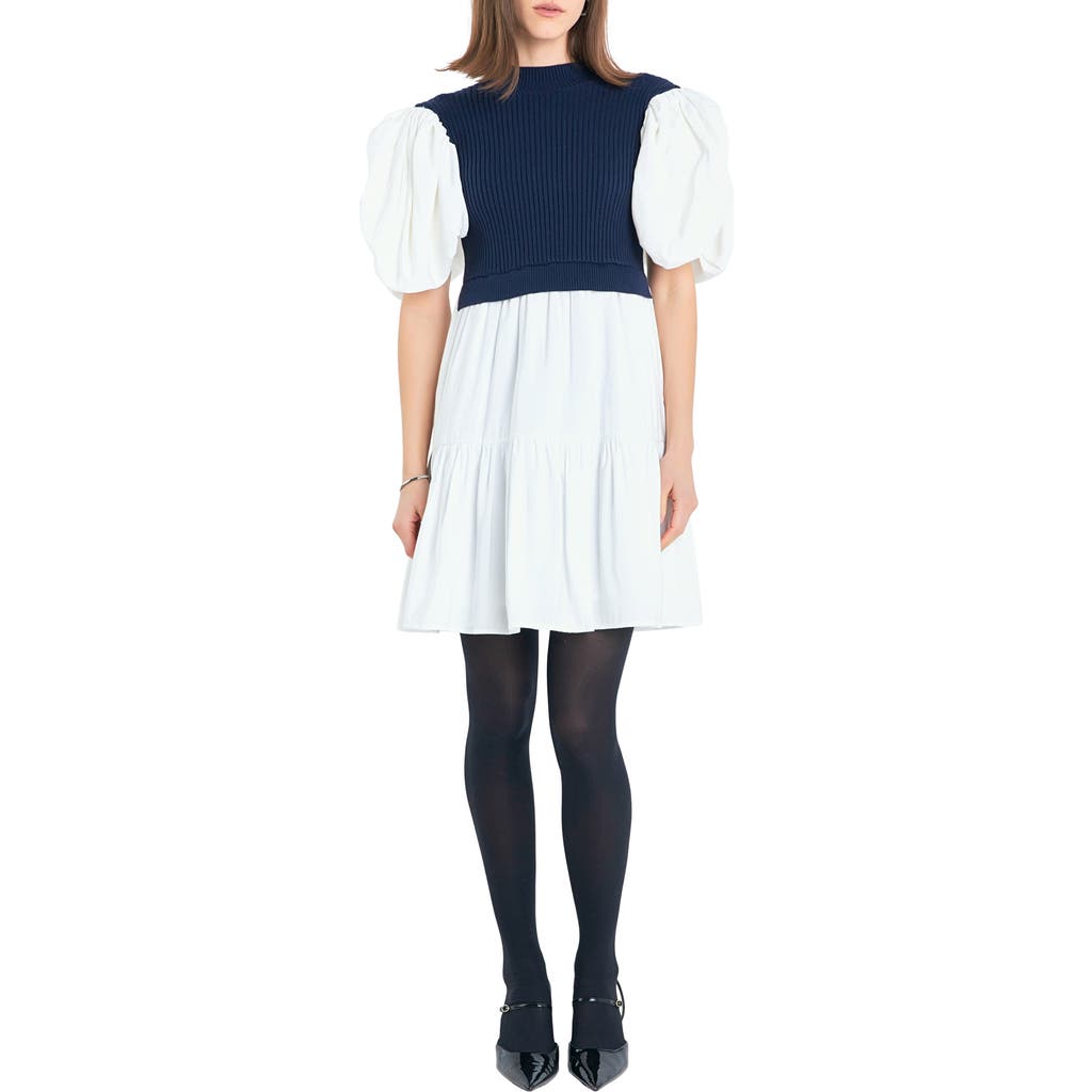 English Factory Puff Sleeve Mixed Media Sweater Dress In Navy