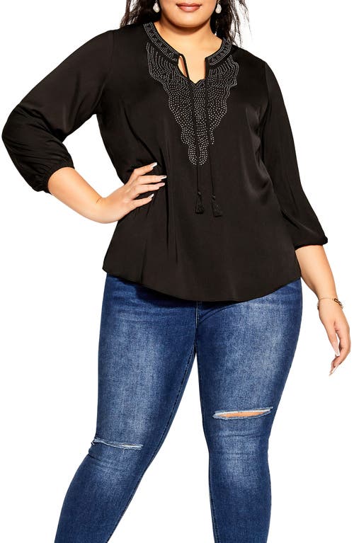 City Chic Embellished Split Neck Blouse in Black at Nordstrom, Size Xs