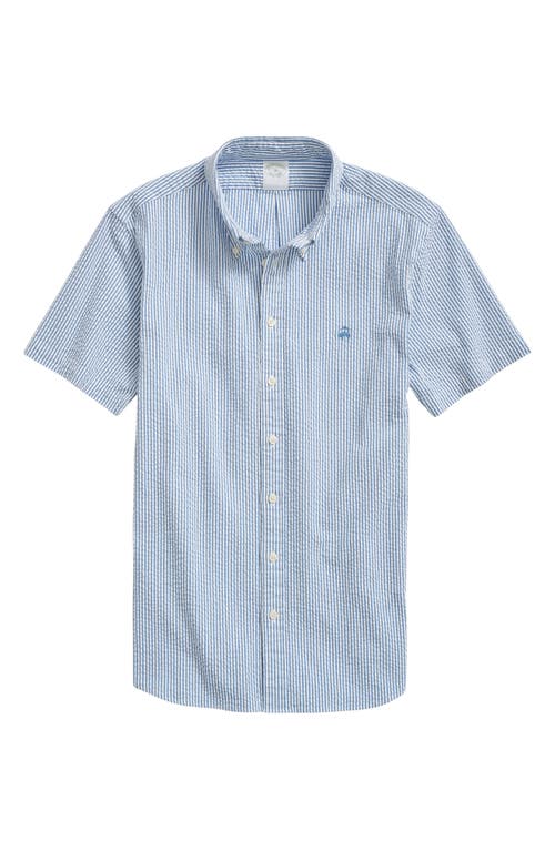 Brooks Brothers Stripe Stretch Seersucker Short Sleeve Button-Down Shirt Blue at Nordstrom,