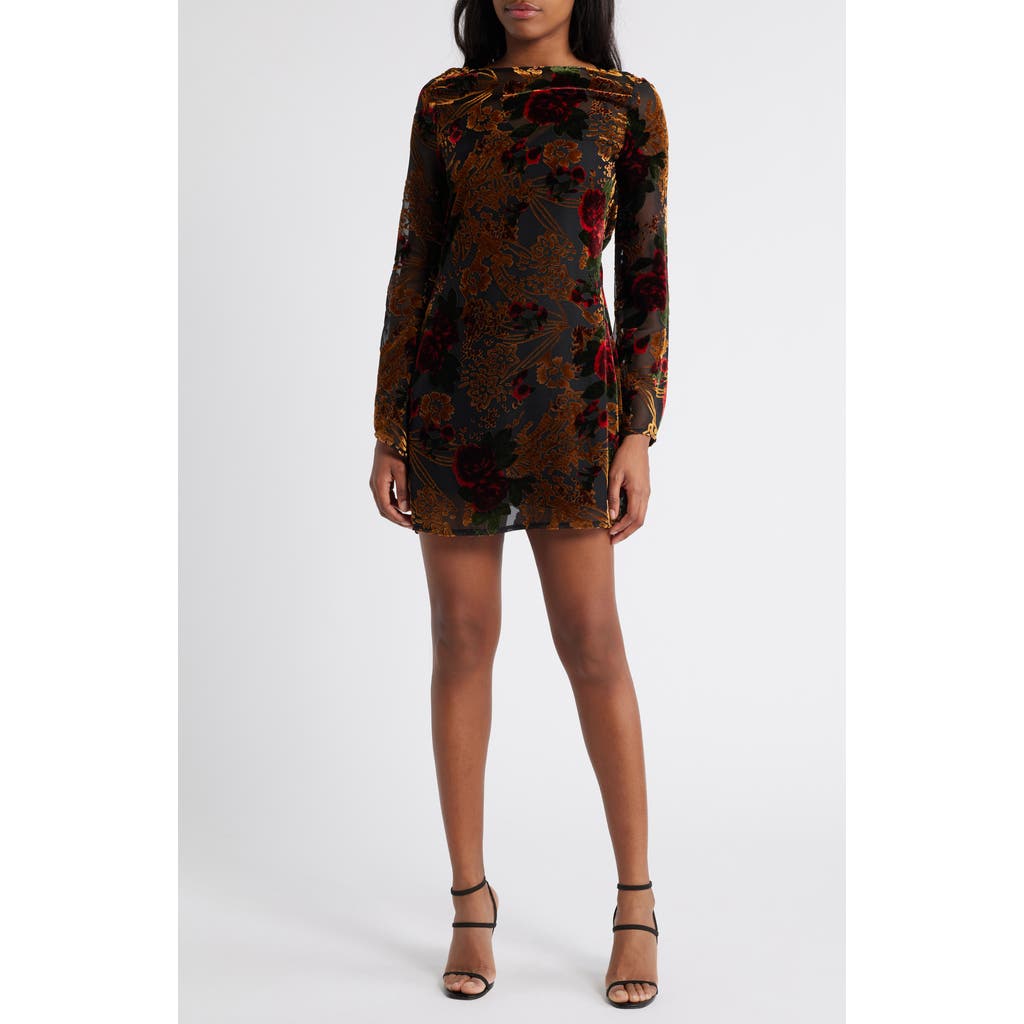 Rare London Burnout Long Sleeve Minidress in Brown/Red