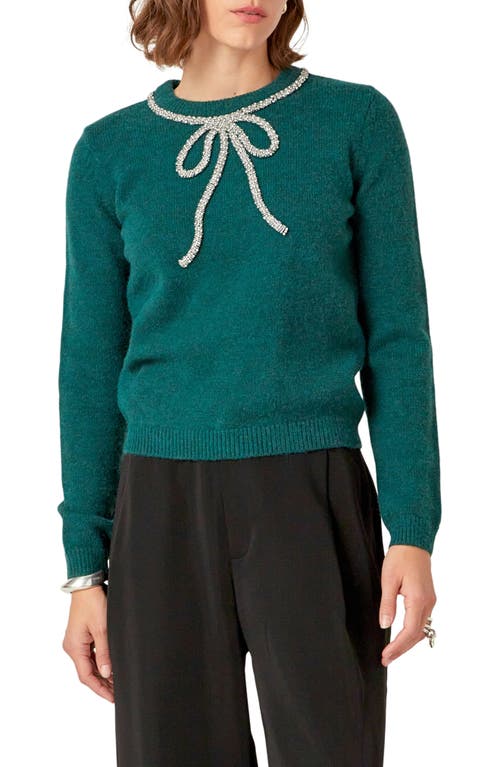 English Factory Rhinestone Bow Sweater in Green 