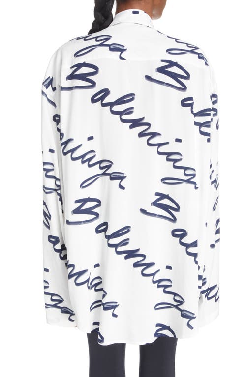 Shop Balenciaga Brushstroke Logo Long Sleeve Button-up Shirt In White/navy