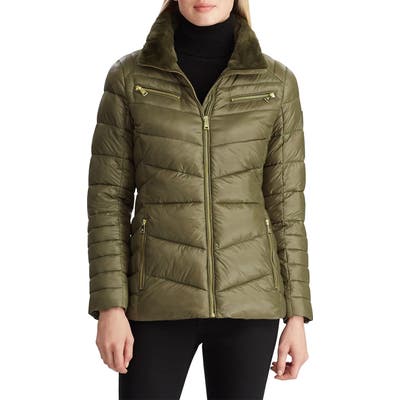 Lauren Ralph Lauren Faux Fur Trim Quilted Hooded Down & Feather Jacket, Green