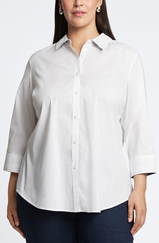 Shop Foxcroft Margie Mix Stripe Detail Cotton Blend Sateen Button-up Shirt In White