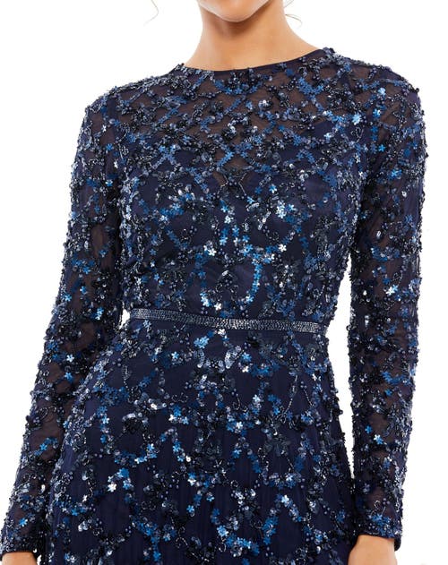 Mac Duggal Embellished Illusion High Neck Long Sleeve A Line Gown In Midnight