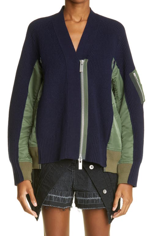 Sacai Hybrid Wool & Nylon Twill MA-1 Sweater Jacket in Navy at Nordstrom