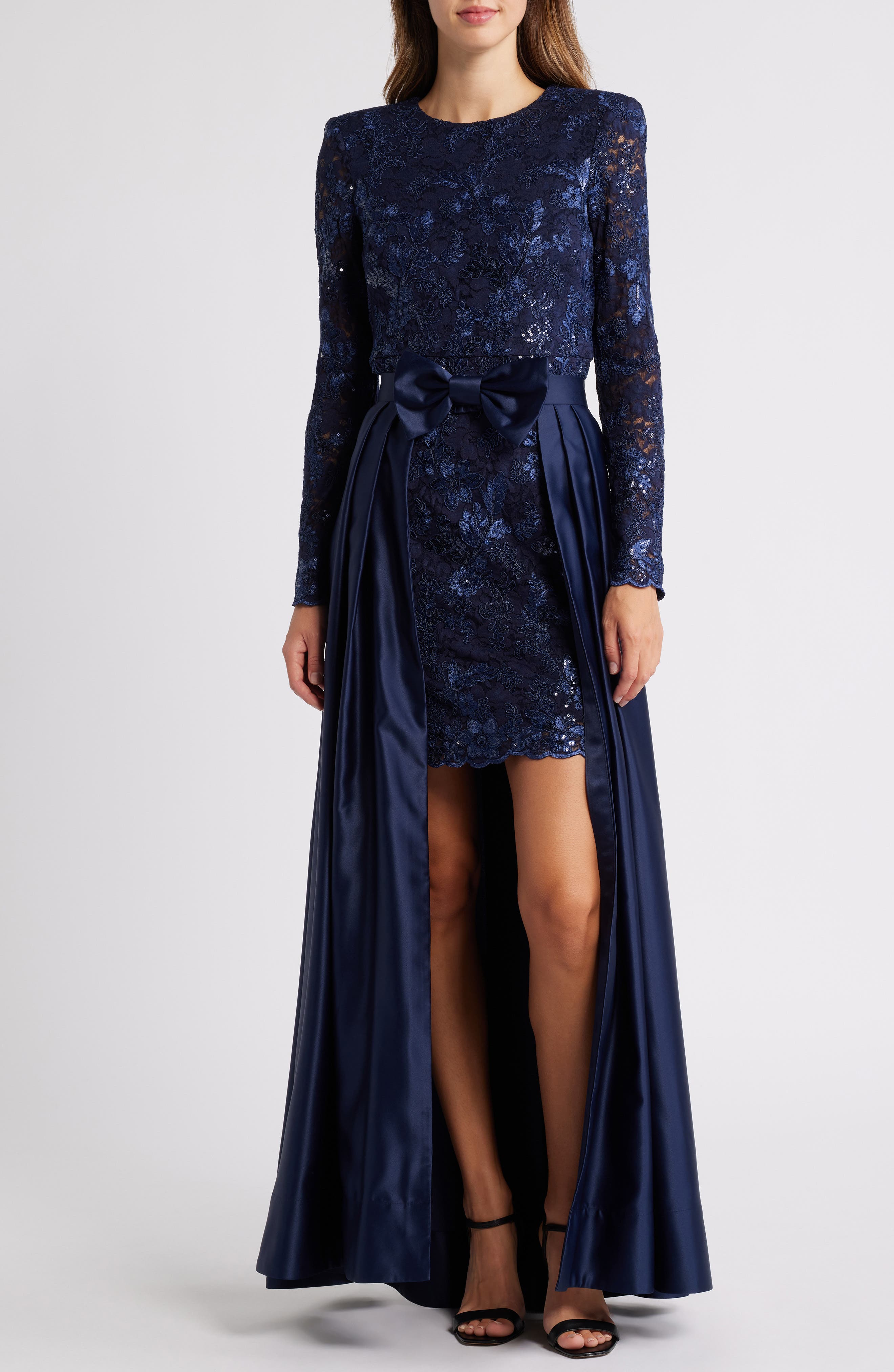 Eliza J Embroidered Long Sleeve Stretch Gown with Removable Skirt Overlay in Navy Cover