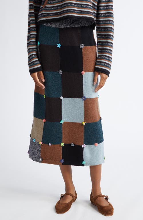 YanYan Floral Ribbon Checkerboard Knit Lambswool Skirt in Brown Multi 