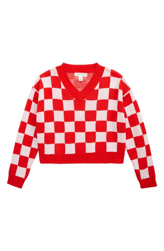 Treasure & Bond Kids' V-neck Crop Sweater In Red Fiery- White Checkered ...