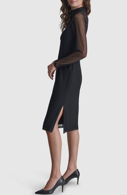 Shop Dkny Mock Neck Long Sleeve Mesh Dress In Black