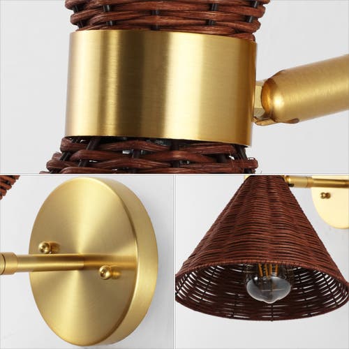 Jonathan Y Zoey 1-light Mid-century Vintage Retro Rattan/metal Led Sconce With Adjustable Shade In Brass Gold/dark Brown