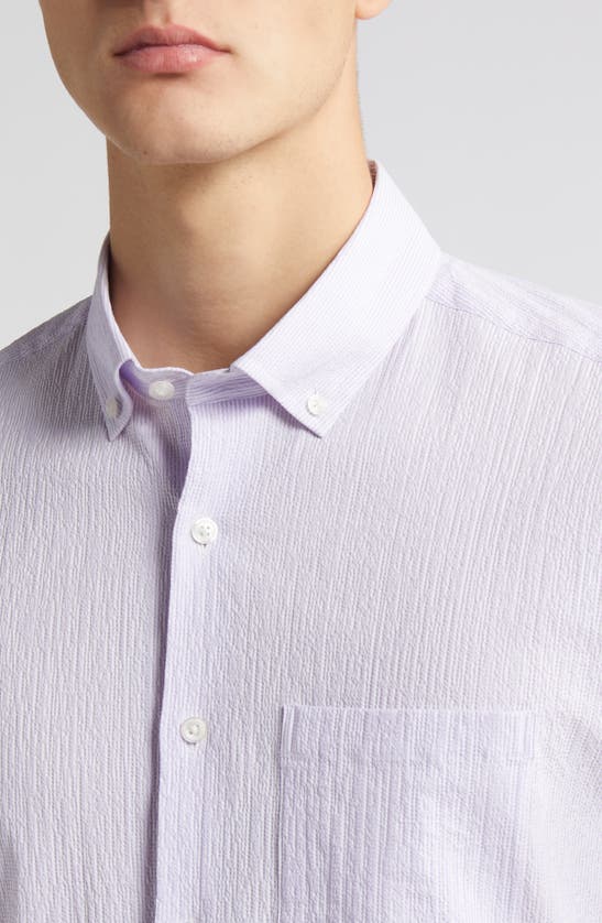 Shop Scott Barber Stripe Short Sleeve Cotton Seersucker Button-down Shirt In Grapeade