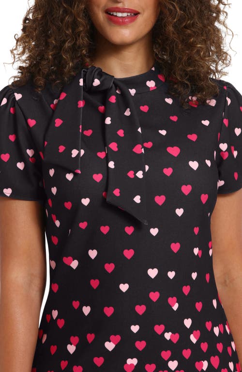 Shop London Times Heart Print Tie Neck Short Sleeve Dress In Black/pink