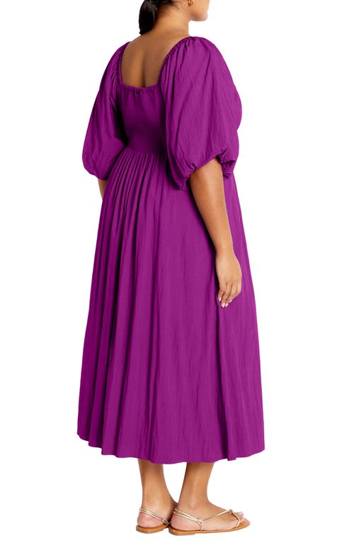 Shop City Chic Shae Keyhole Detail Balloon Sleeve Midi Dress In Magenta