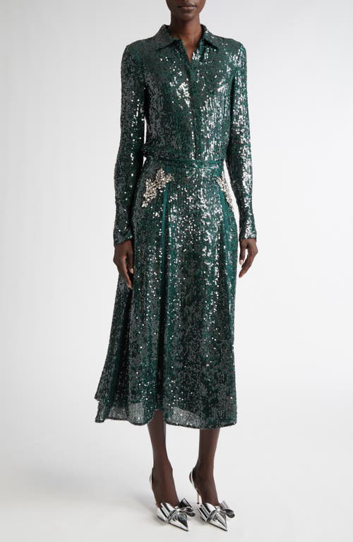 Shop Erdem Sequined Chiffon Button-up Shirt In Dark Green