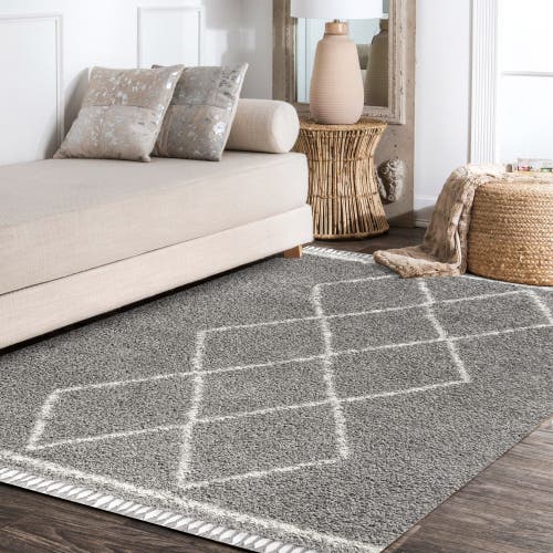 Jonathan Y Mercer Shag Plush Tassel Moroccan Geometric Trellis Denim Area Rug In Gray/cream