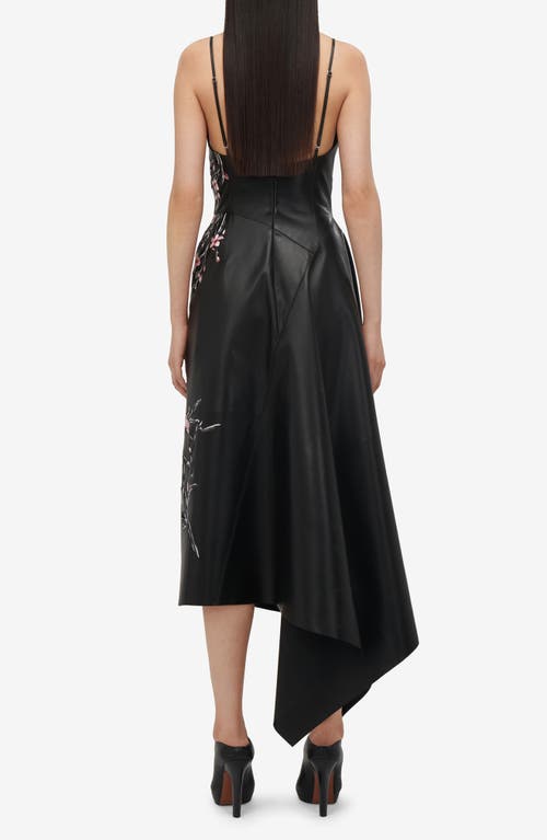 Shop Alexander Mcqueen Cherry Blossom Embroidered Asymmetric Leather Dress In Black/pink/ivory