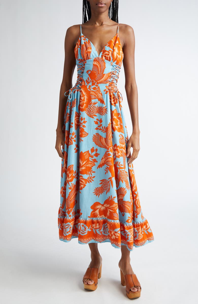 Farm Rio Cutout Waist Linen Blend Dress In Blue At Nordstrom Size X Large