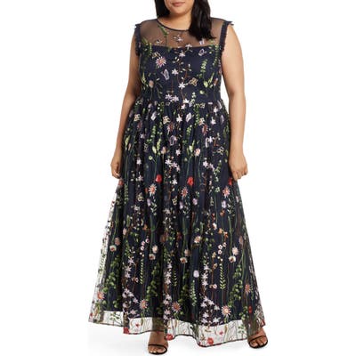 Plus Size Morgan & Co. Embroidered Mesh Evening Gown, Blue