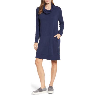 Petite Caslon Cowl Neck Side Button Long Sleeve Dress, Blue
