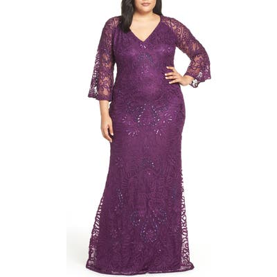 Plus Size Js Collections Bell Sleeve Bead & Soutache Gown, Purple