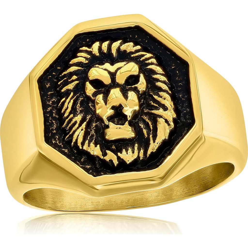 Blackjack Stainless Steel Lion Signet Ring In Gold