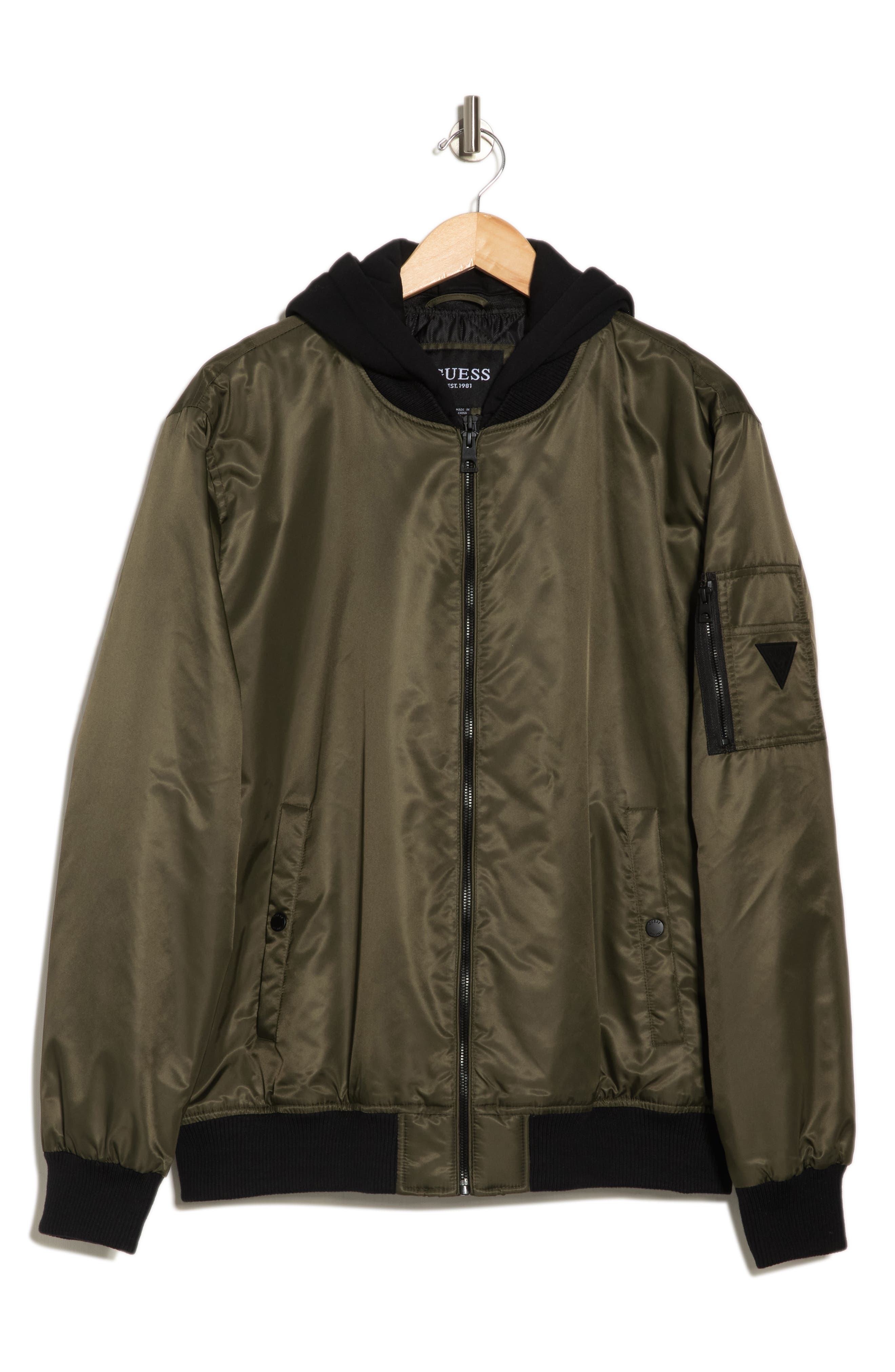 Guess Men's Bomber Jacket With Removable Hooded Inset In Olive | ModeSens