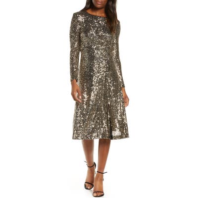 Taylor Dresses Stretch Sequin Twist Front Long Sleeve Dress, Metallic