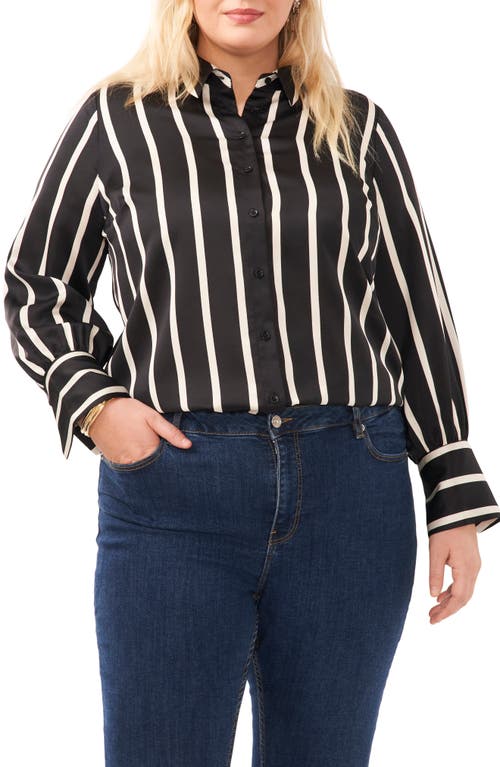 Vince Camuto Stripe Charmeuse Button-Up Shirt in Rich Black at Nordstrom, Size 1X
