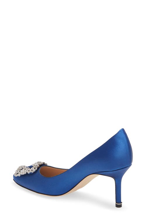 Shop Manolo Blahnik Hangisi 70mm Crystal Buckle Pump In Blue Satin Clear/buckle