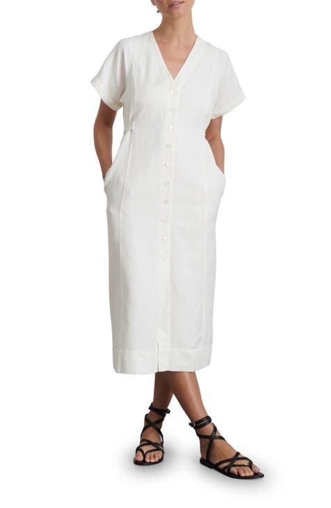 Women's Long-Sleeve Linen-Blend Plunge Cutwork Top