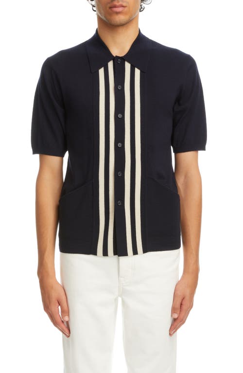 Dries Van Noten Maarten Stripe Knit Short Sleeve Wool Button-Up Shirt in 509 - Navy