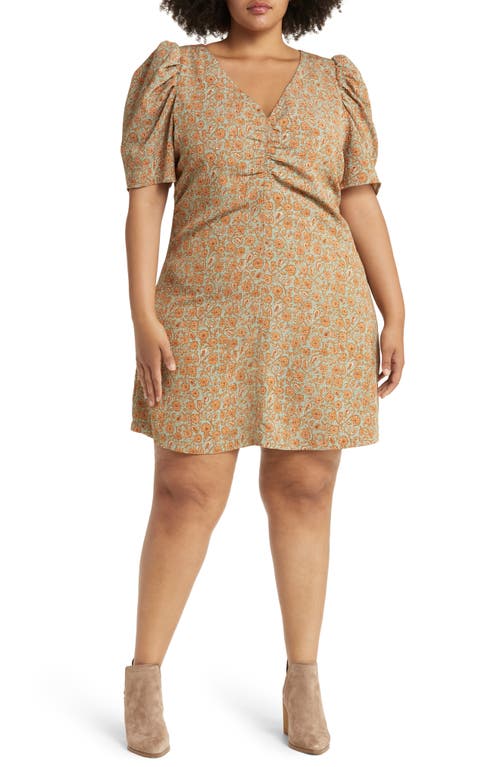 Treasure & Bond Floral Print Ruched Puff Sleeve Dress in Green- Rust Jess Floral