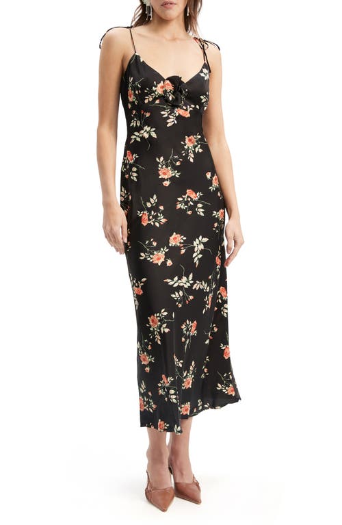 Bardot Andy Floral Rosette Midi Slipdress Black at Nordstrom,