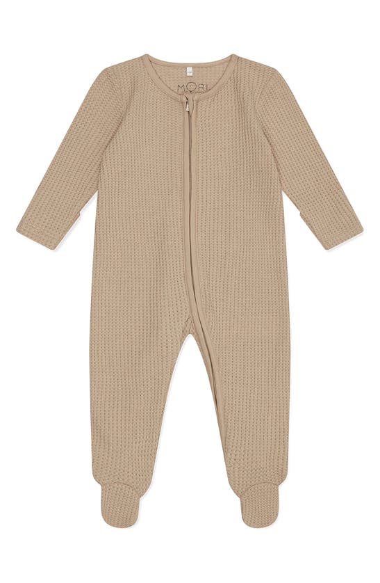 Shop Mori Clever Zip Waffle Fitted One-piece Footie In Sesame