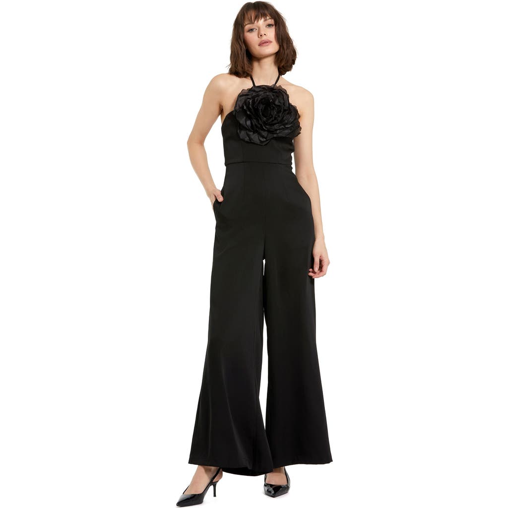 Mac Duggal Flower Embellished Crepe Halter Neck Jumpsuit In Black