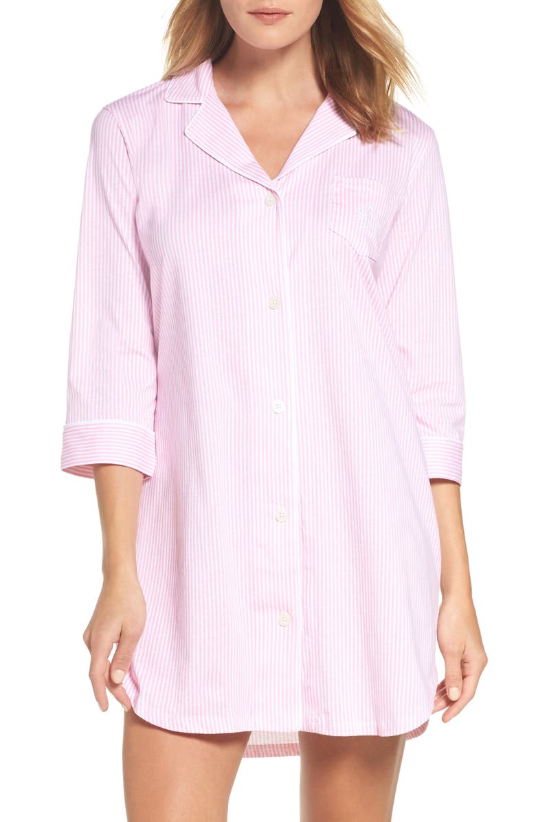 LAUREN RALPH LAUREN Cotton Jersey Sleep Shirt, Main, color, LAGOON PINK/ WHITE STRIPE