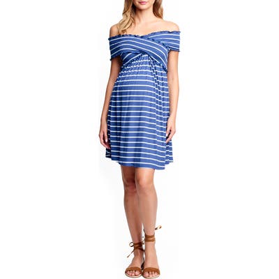 Maternal America Off The Shoulder Ribbed Maternity Dress, Blue