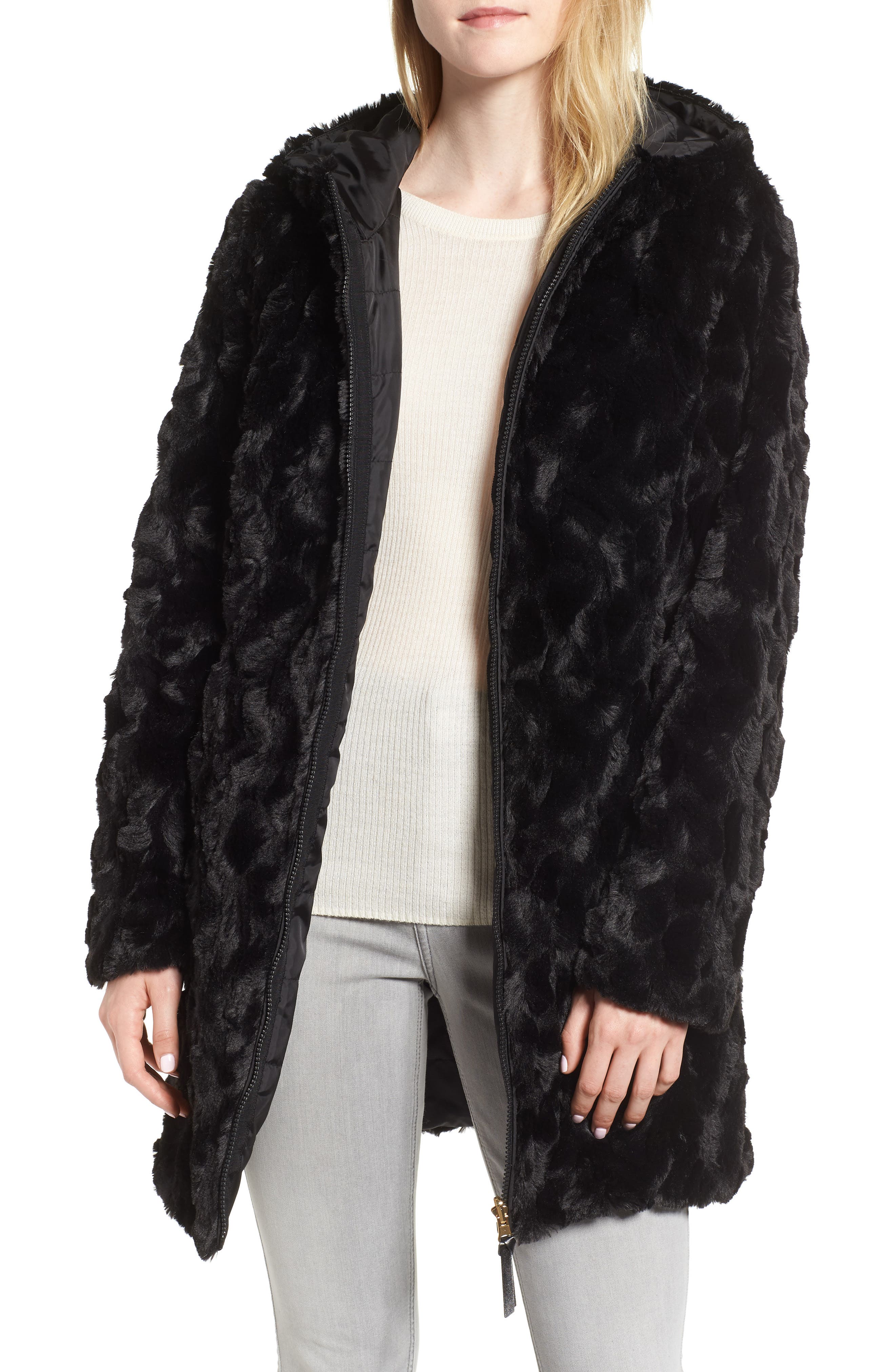 reversible faux fur hooded coat