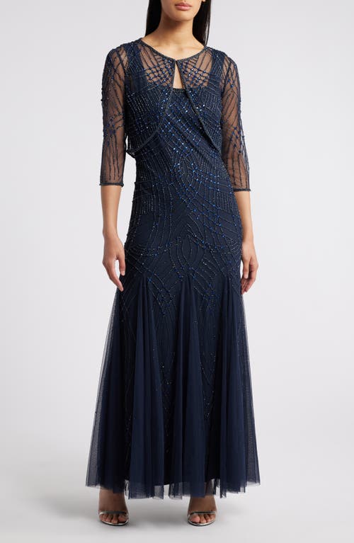 Pisarro Nights Beaded Gown with Long Sleeve Jacket in Navy 