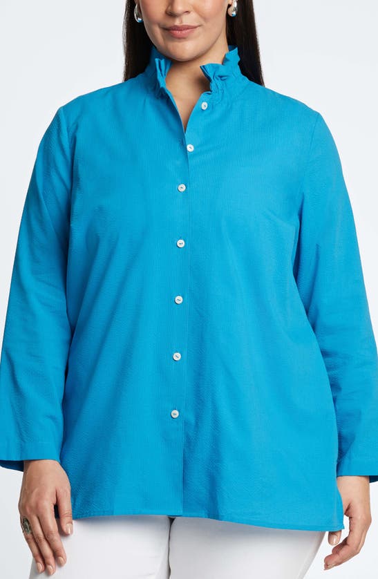 Shop Foxcroft Carolina Seersucker Cotton Blend Button-up Shirt In True Blue