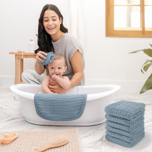 Comfy Cubs Muslin Washcloths In Pacific Blue