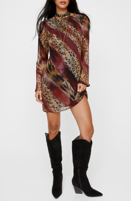 Nasty Gal Mixed Print Long Sleeve Chiffon Minidress In Burgundy