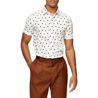 Topman Double Dot Short Sleeve Button-Up Shirt, Beige