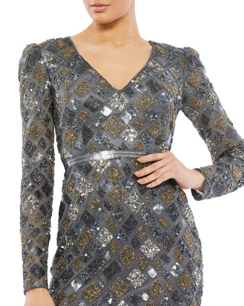 Mac Duggal Long Sleeve Geometric Sequin Midi Dress In Charcoal