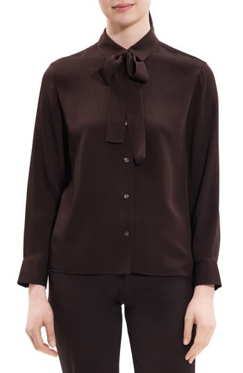 Theory Silk Tie Neck Blouse In Mink