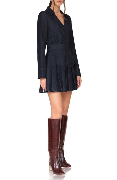 Shop Avec Les Filles Pleated Long Sleeve Denim Minidress In Ink Blue Wash