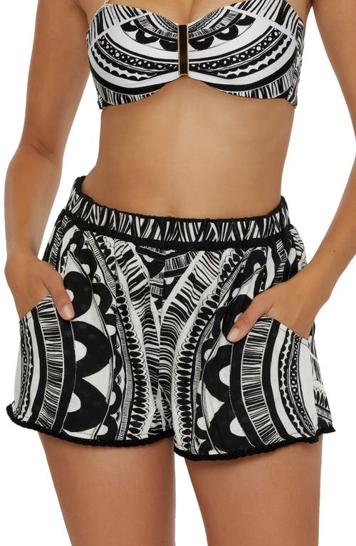 Shop Trina Turk Hula Fringe Trim Cover-up Shorts In Black/white