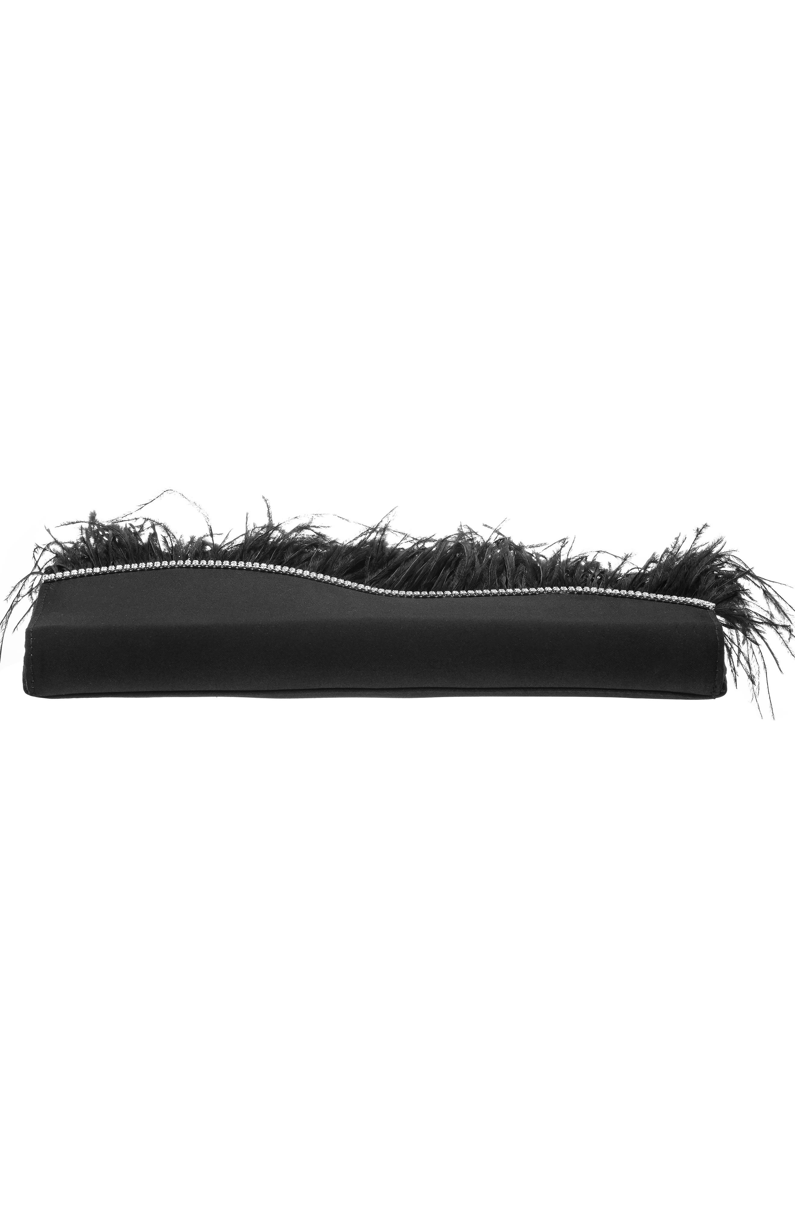 Nina Kaidy Feather Trim Satin Clutch in Black