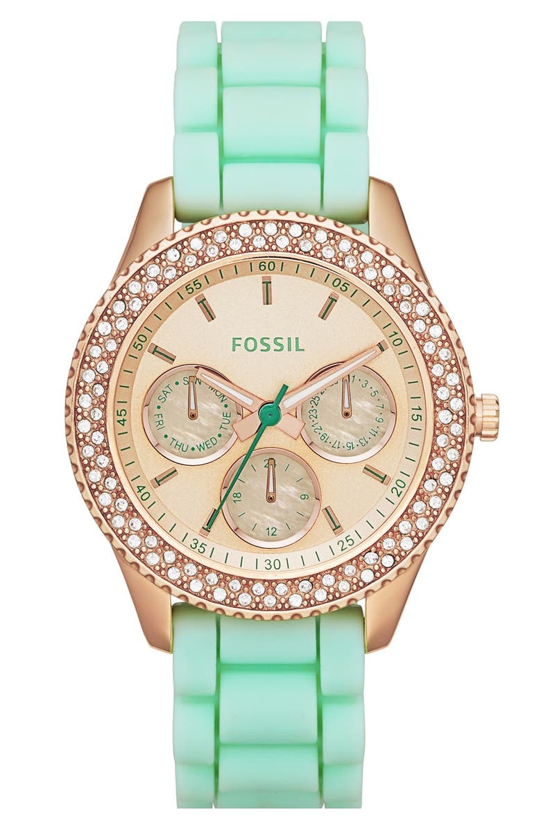 Fossil Stella Crystal Bezel Multifunction Silicone Strap Watch 37mm Nordstrom